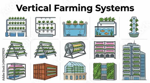 Vertical Farming Systems Icons: Hydroponics, Aquaponics, Urban Agriculture