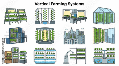 Vertical Farming Systems Icons: Urban Agriculture, Hydroponics, Green Tech