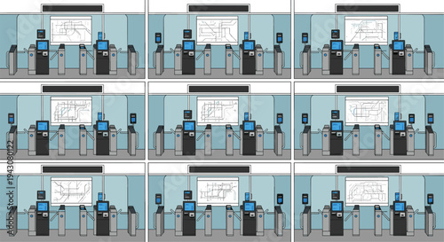 Metro station entrance with automatic ticket gates and card scanners public transport access system illustration set