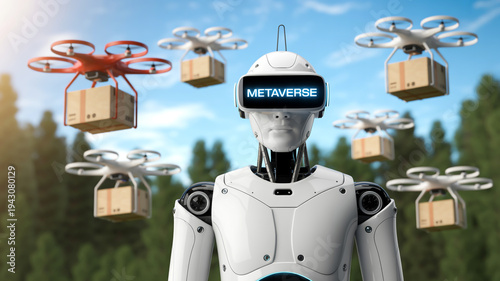 Futuristic Robot and Delivery Drones Representing the Metaverse and Advanced Logistics in a Natural Setting