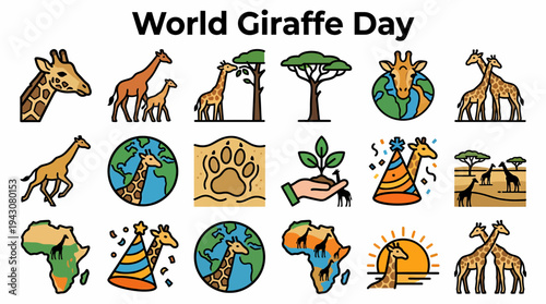 World Giraffe Day Icons: Giraffes, Africa, Earth, Nature, Celebration
