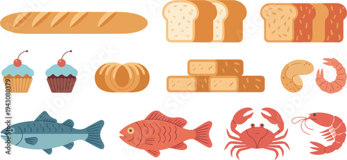 Food elements illustration set featuring bread cupcakes fish crab shrimp bakery and seafood items in flat vector design collection