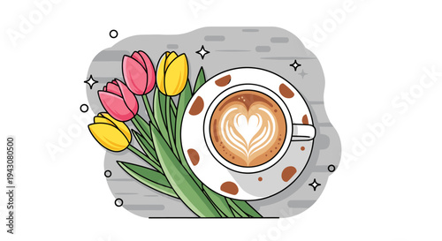 A colorful arrangement of tulips beside a latte art coffee cup on a textured background