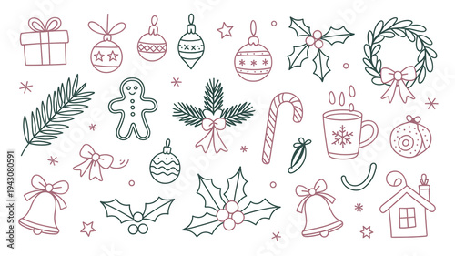 A delightful collection of hand-drawn Christmas ornaments and festive icons, perfect for holiday crafting and seasonal decorations