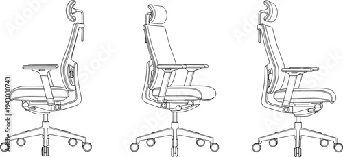 Ergonomic office chair line art illustration showing multiple views modern workplace seating furniture design