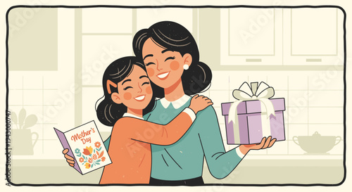 A heartwarming illustration of a mother and daughter celebrating Mother's Day, featuring gifts and cheerful expressions in a modern, flat style
