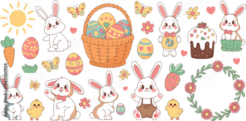 Cute Easter bunny characters with eggs basket flowers chicks and spring holiday elements cartoon flat vector illustration collection set