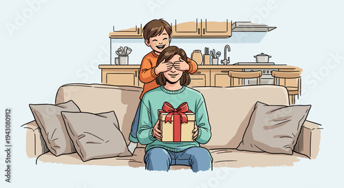 A joyful scene of a child surprising a parent with a gift, illustrated in a modern, colorful style, perfect for family themes