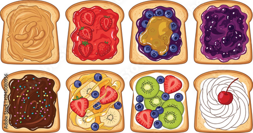 Sweet toast bread topping set with peanut butter, strawberry jam, blueberry jelly, chocolate spread, banana slices, kiwi fruit and cream breakfast vector illustration