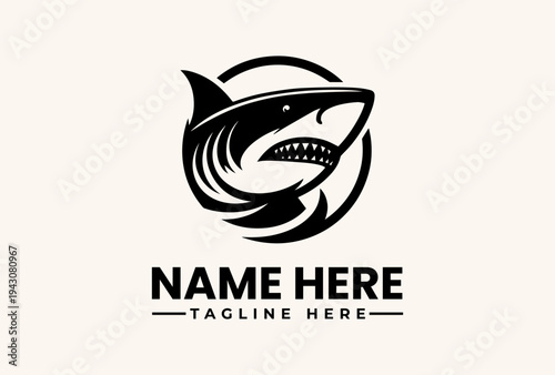 Black and white illustration of a shark logo with sharp teeth and a circular design on a light beige background, with space for a company name and tagline.