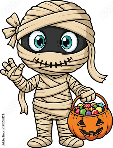 Cute cartoon mummy holding Halloween pumpkin candy bucket spooky trick or treat monster character illustration