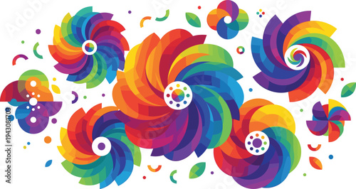 Vibrant abstract rainbow swirl shapes composition with colorful spiral geometric elements, dynamic modern design background for creative artwork vector illustration