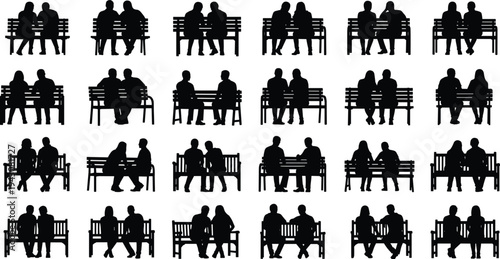 Couple sitting on park bench silhouettes collection romantic people sitting together outdoor relationship and friendship illustration set