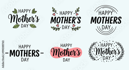 A collection of six stylish Mother's Day greetings in various fonts and designs, featuring floral and decorative elements