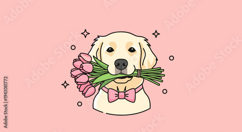 A cheerful dog holding a bouquet of tulips, illustrated in a flat style on a pink background, perfect for pet lovers