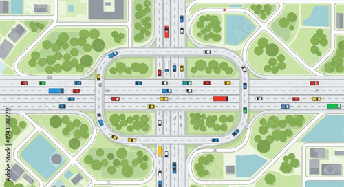 Aerial View of a Complex Urban Interchange with Traffic.