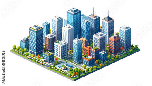 Isometric Modern City Buildings – Skyscrapers and Office Towers Vector Set