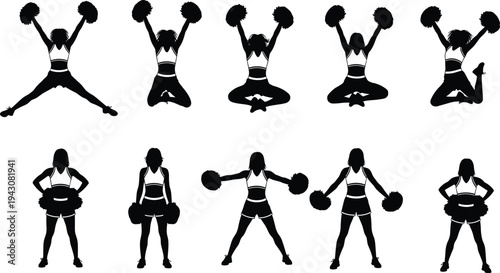 Cheerleader silhouettes collection with pom poms showing jumping poses and cheerleading performance action illustration setCheerleader silhouettes collection with pom poms showing 
