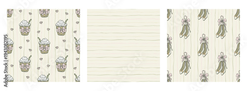 Coquette Drink Bow Ballet Flats Shoes Seamless Pattern Vector Set Pastel Striped Background Cottagecore Feminine Aesthetic Collection