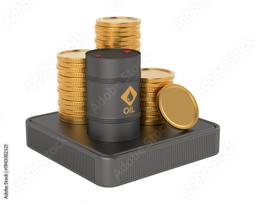 Black steel oil drum and gold coins on white background. Isolated 3D illustra...