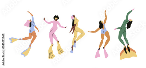 A set of diverse female divers isolated on a white background. Vector illustration of athletes. Summer set of swimmers.
