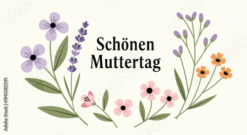 A vibrant floral arrangement featuring various flowers and leaves, designed in a modern, illustrative style for Mother's Day