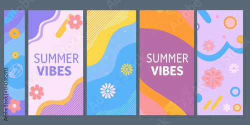 Colorful summer vibes background with floral and geometric shapes