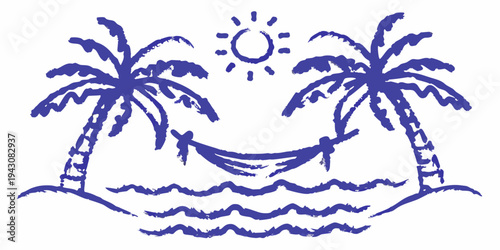 Stylized illustration of palm trees a hammock and ocean waves
