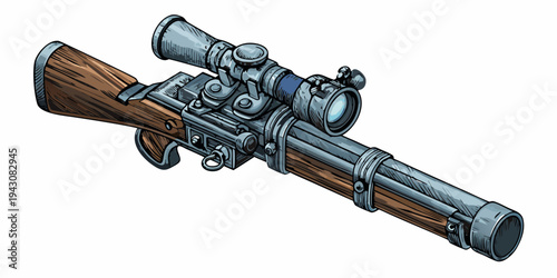 Detailed illustration of a vintage rifle with a telescopic sight