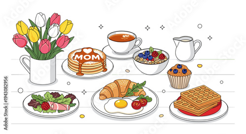 A vibrant breakfast table featuring pancakes, croissants, and fresh fruit, illustrated in a modern, flat style