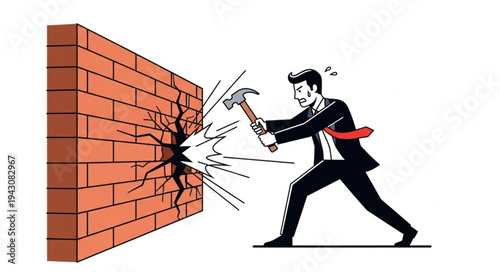 Man Breaking Brick Wall with Hammer.