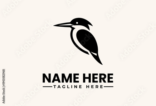 Black kingfisher logo illustration with sample text on a beige background, featuring a stylized bird icon and placeholder name and tagline.