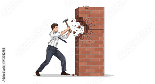 Man Breaking Brick Wall with Hammer.