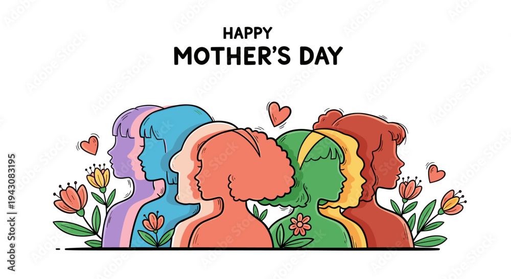 Fototapeta premium A colorful illustration featuring diverse silhouettes of women with floral accents, celebrating Mother's Day in a modern style