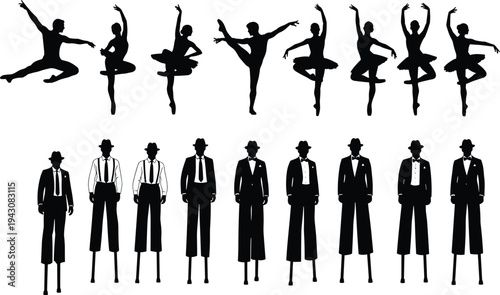 Ballet dancers and vintage gentlemen silhouettes collection performing dance poses and classic fashion characters illustration setBallet dancers and vintage gentlemen 