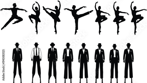 Ballet dancers and vintage gentlemen silhouettes collection showing classical dance poses and elegant fashion characters illustration set