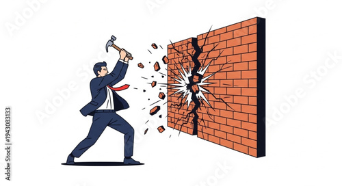 Man Breaking Brick Wall with Hammer.