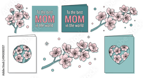 A charming collection of floral illustrations featuring pink blossoms and heartfelt messages for Mother's Day in a modern, flat style