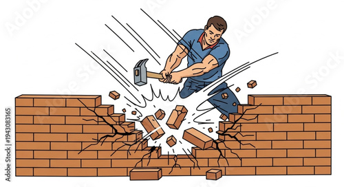 Man Breaking Brick Wall with Hammer.