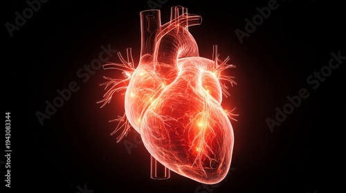 Heart is shown in red with a black background. The heart is surrounded by a glowing red aura