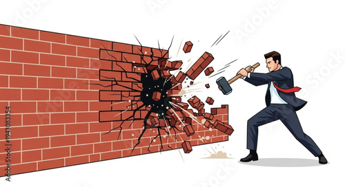 Man Breaking Brick Wall with Hammer.