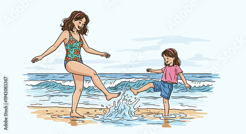 A mother and daughter enjoying a playful moment at the beach, illustrated in a colorful, modern style