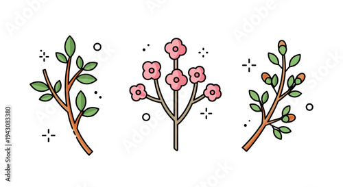 A charming collection of floral elements featuring leaves and blossoms in a modern, minimalist style