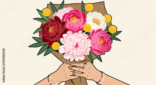 A vibrant bouquet of peonies held by hands, featuring a modern, flat design style, perfect for floral-themed projects