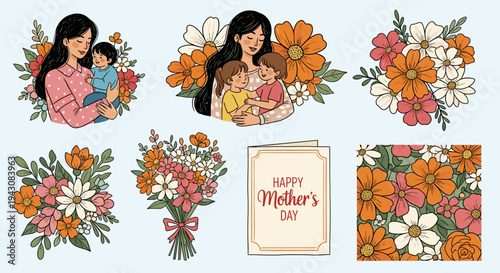 A vibrant collection featuring mothers with children, floral arrangements, and a 'Happy Mother's Day' greeting in a modern illustration style