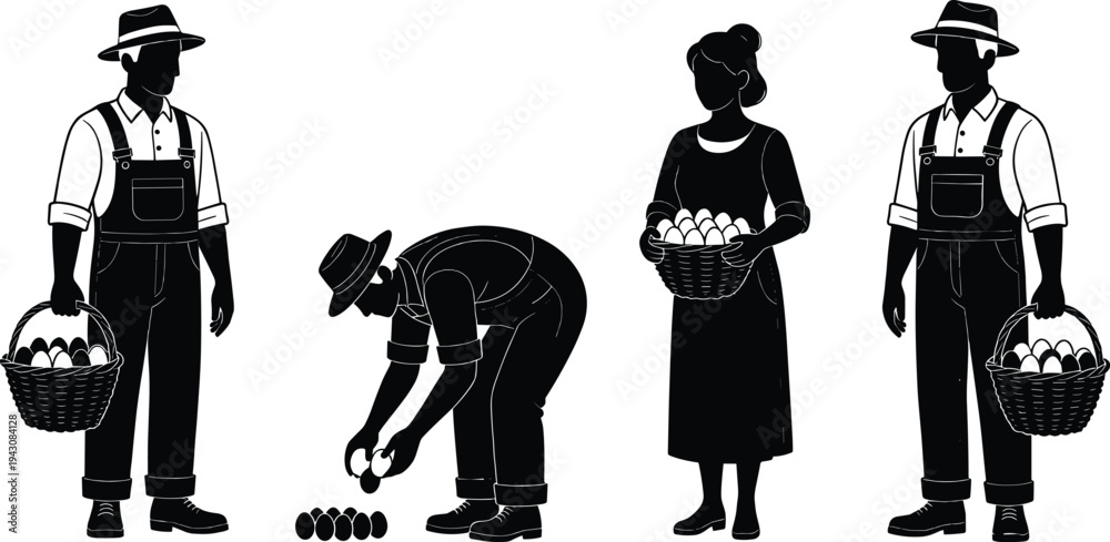 Fototapeta premium Collection of Professional Farmer Silhouettes Featuring Men and Women in Overalls and Hats Carrying Baskets of Fresh Eggs for Poultry Farm Agriculture and Rural Lifestyle Assets