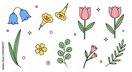 A vibrant collection of hand-drawn floral elements featuring various flowers and leaves in a minimalist style