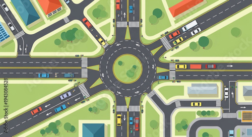 Aerial View of a Busy Traffic Roundabout Intersection.