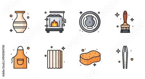 A collection of kitchen and cooking-related icons in a modern flat style, ideal for culinary themes