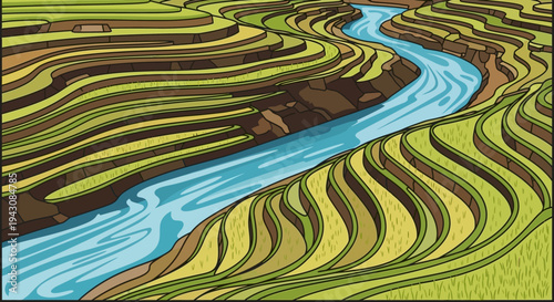 Illustrated landscape of terraced fields and flowing river with graphic style